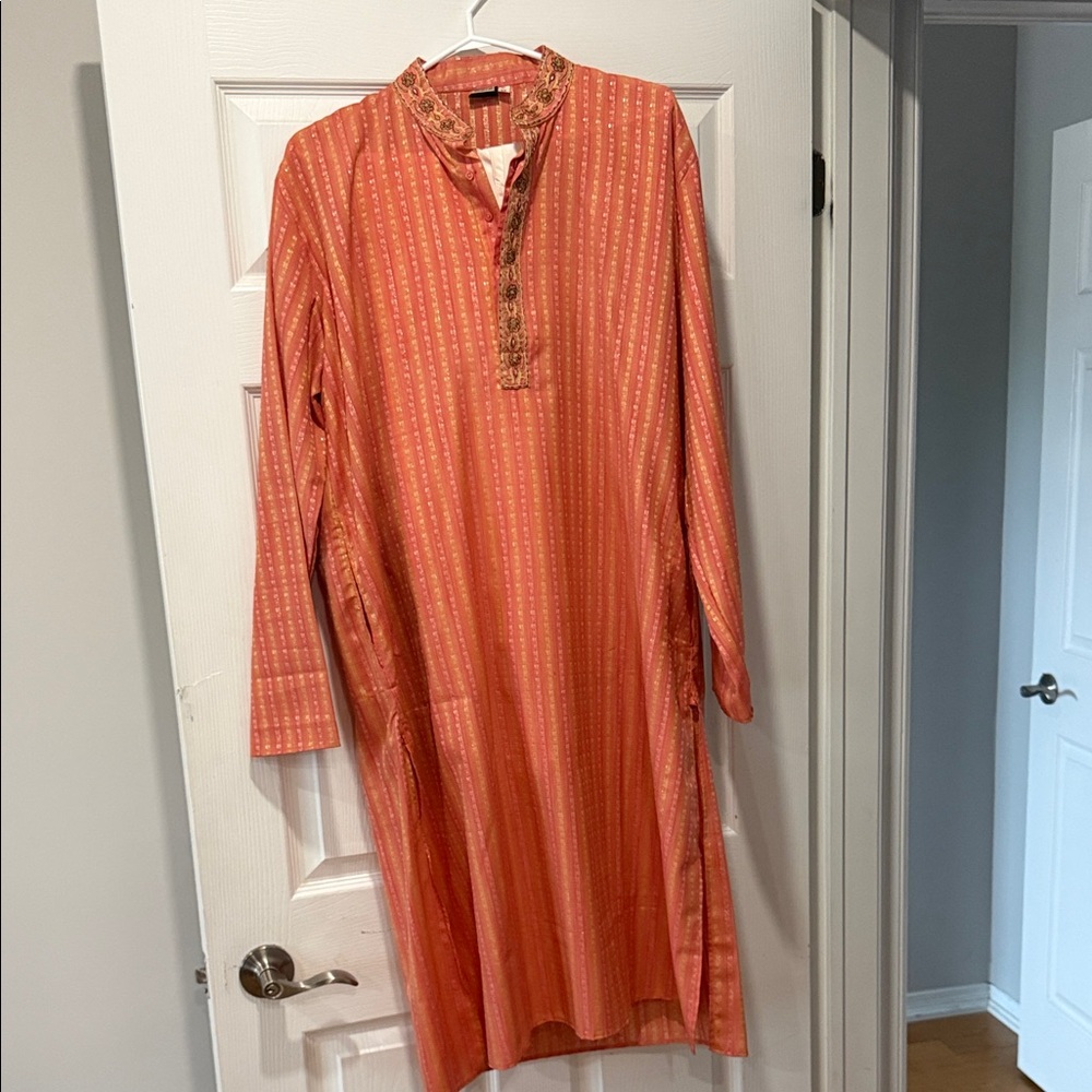 Source Unknown Orange Striped Men’s Kurta with Gold Embroidered Placket